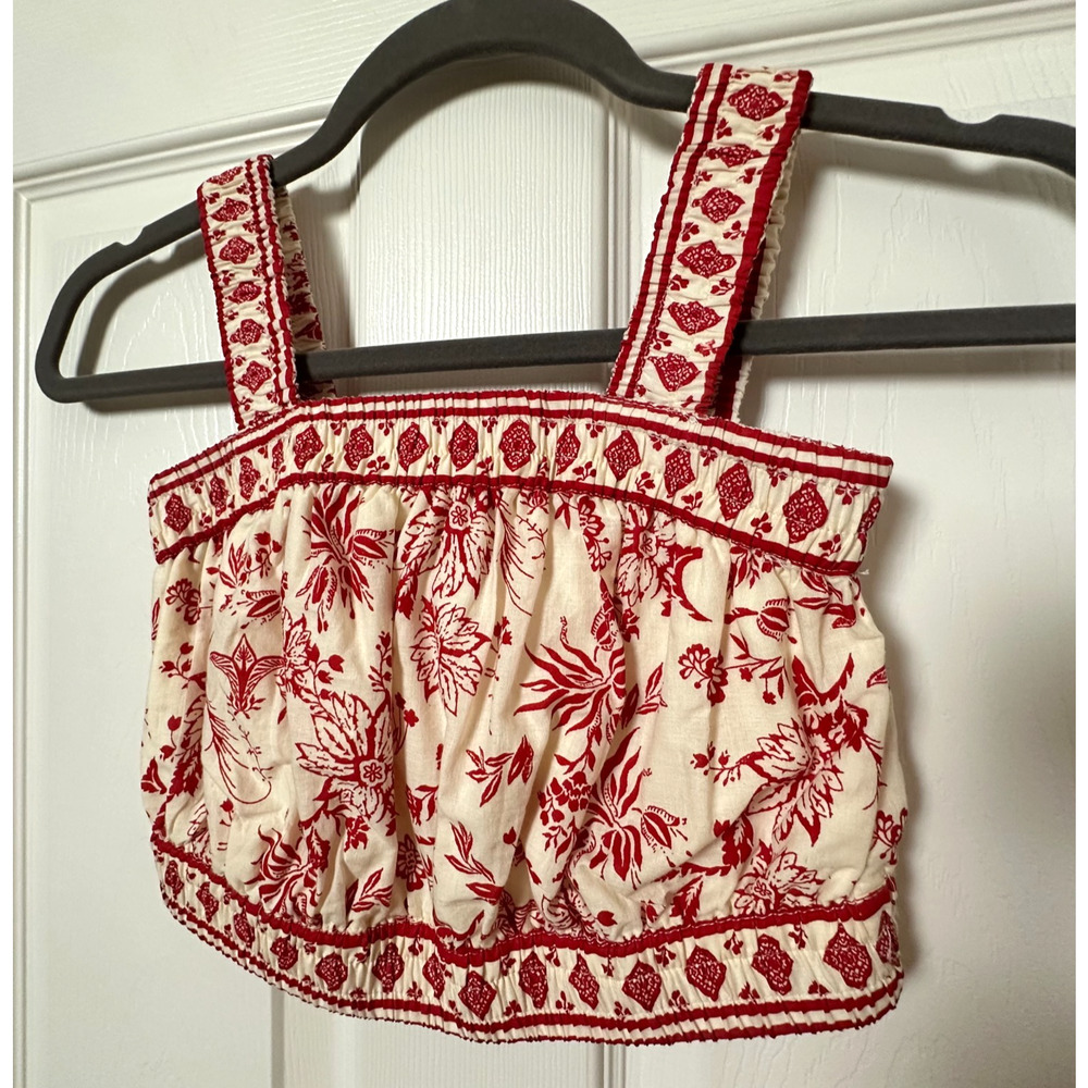 Japna Womens XS Red & Cream Toile Floral Crop Tank Top Boho Cottage Coquette